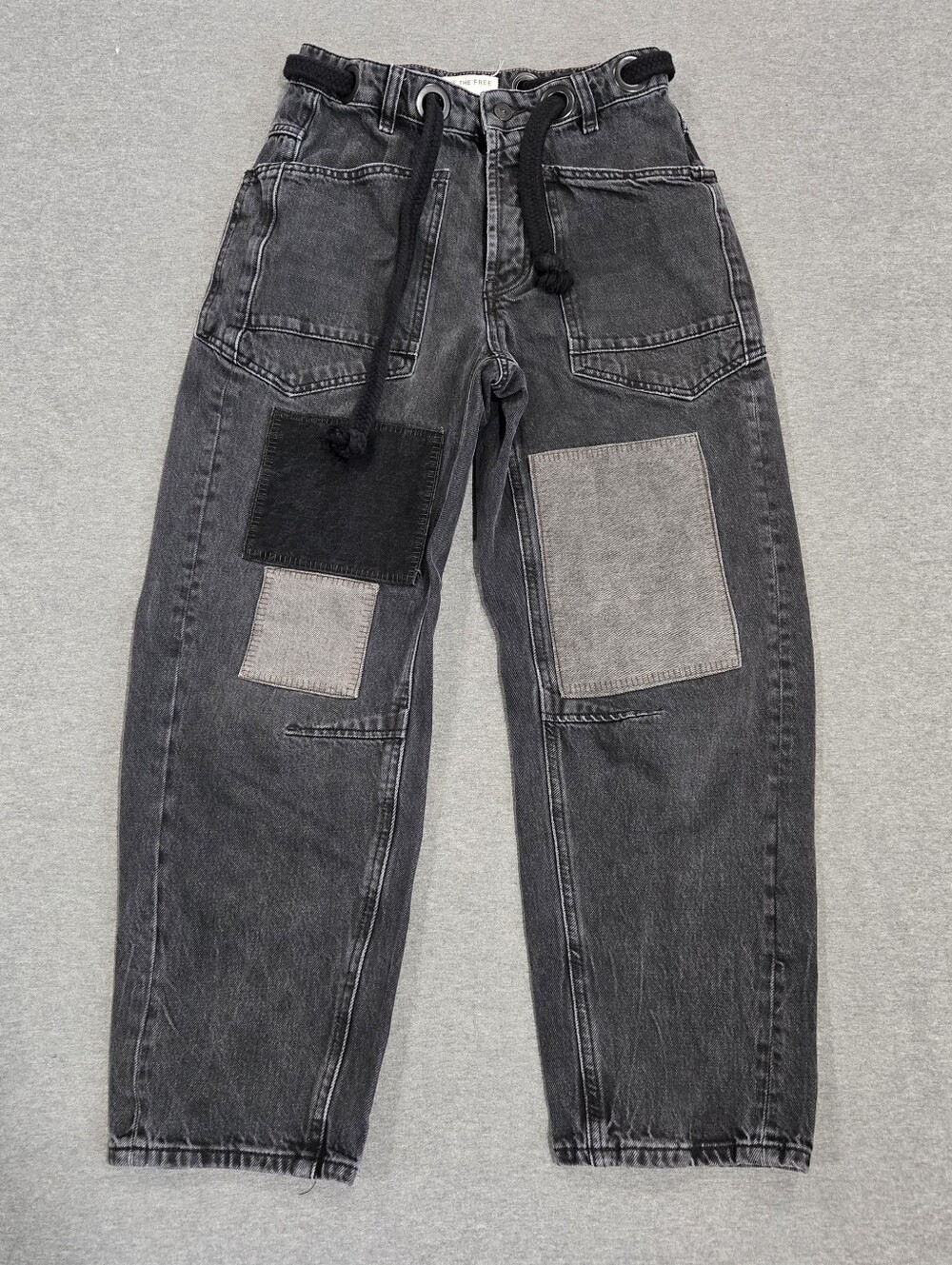 Free People We The Free Moxie Barrel Jeans Size 24 Night Hawk Low Rise Patchwork